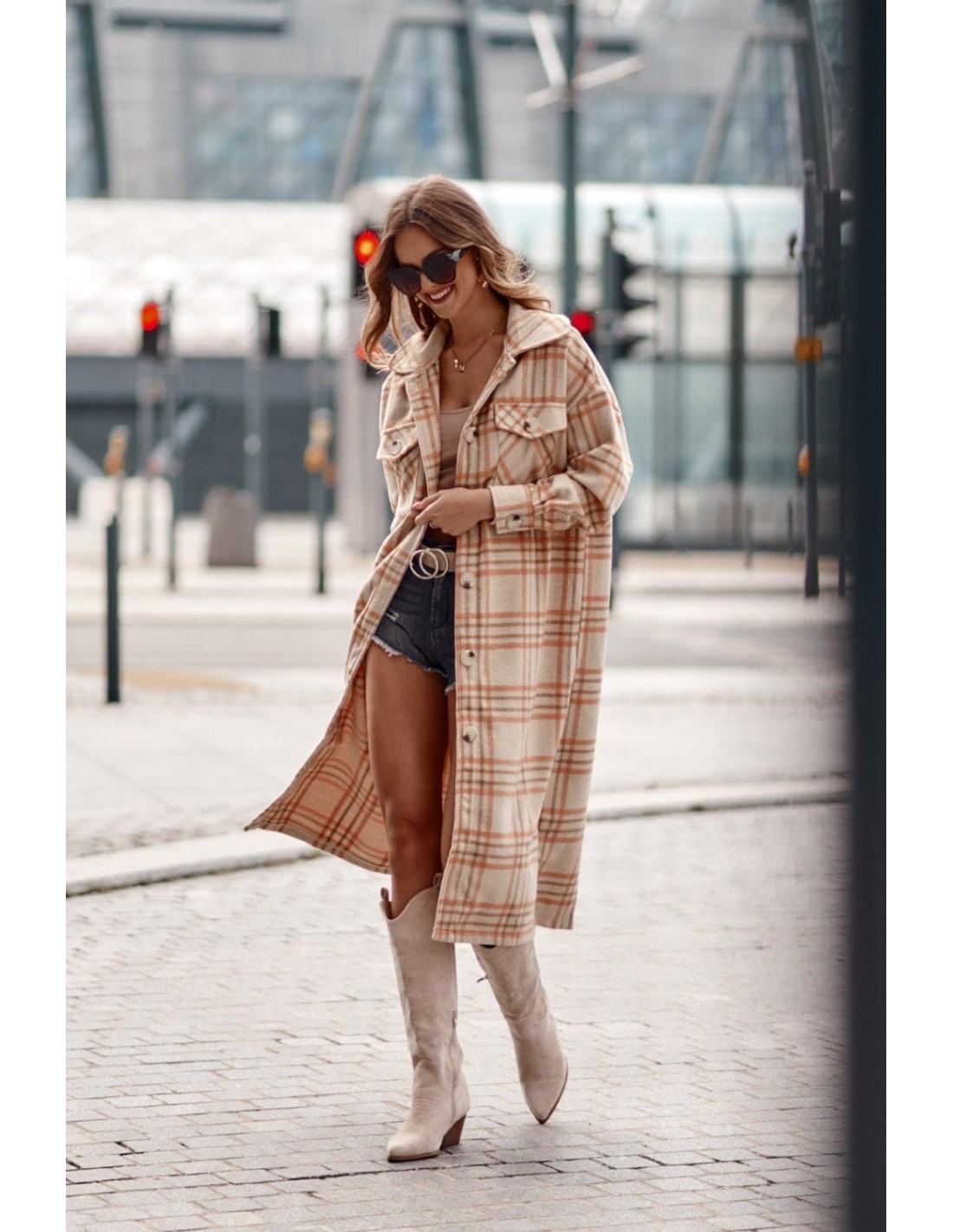 Women\'s beige orange checkered shirt coat 8892 - Online store - Boutique